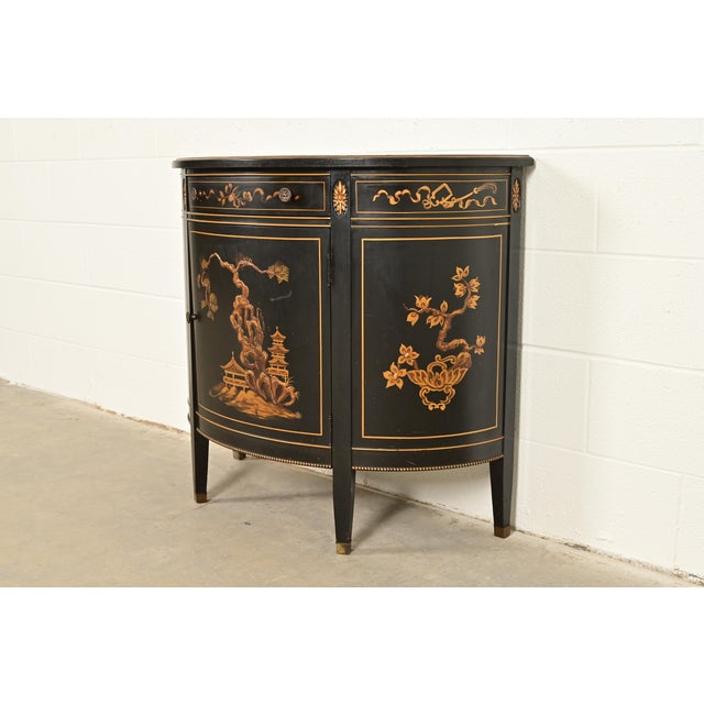 Chinoiserie Imperial Furniture Grand Rapids French Regency Chinoiserie Black Lacquered Hand Painted Demilune Cabinet, Circa 1940s For Sale - Image 3 of 16