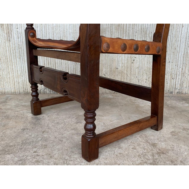 19th Spanish Colonial Throne Armchair with Leather For Sale - Image 9 of 18