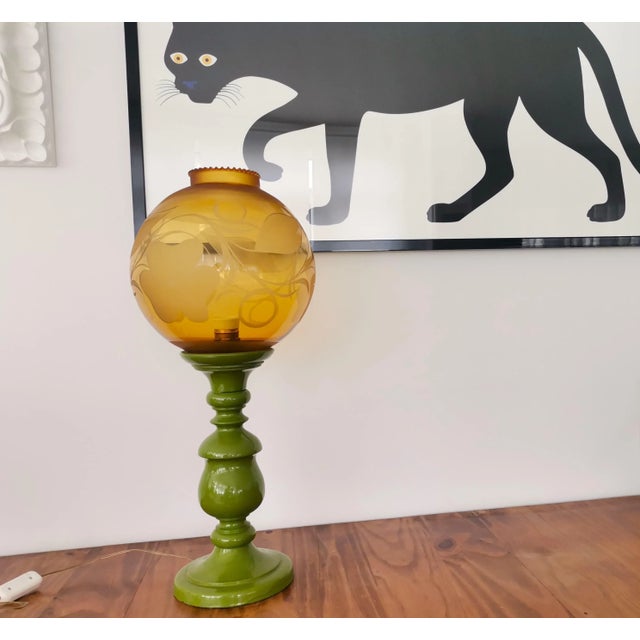 Mid-Century Modern Large Mid-Century Italian Yellow & Green Wood and Glass Table Lamp For Sale - Image 3 of 18