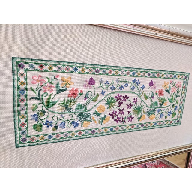 Large Vintage Floral Cross-Stitch Silver Leaf Wall Mirror For Sale - Image 4 of 13