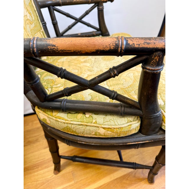 Wood Set of Four Vintage Faux Bamboo Armchairs Dining Chairs With Cane Seats For Sale - Image 7 of 11