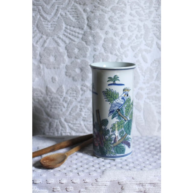 Ceramic 1980s Chinese Ceramic Tall Jar With a Handpainted Cockatoo and Orchid For Sale - Image 7 of 8