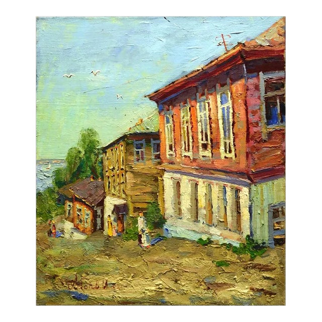 "Red House" Ilja Motov Original Oil Painting on Stretched Canvas For Sale