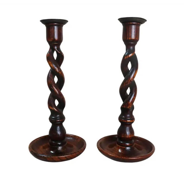 Brown Large Antique English Oak Barley Twist Candlesticks, 1920, Set of 2 For Sale - Image 8 of 8
