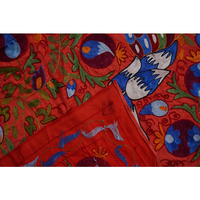 Brick Red Red Suzani Embroidered Wall Hanging With Peacocks – Silk Cotton Boho Textile 3'4'' X 6'1'' For Sale - Image 8 of 9