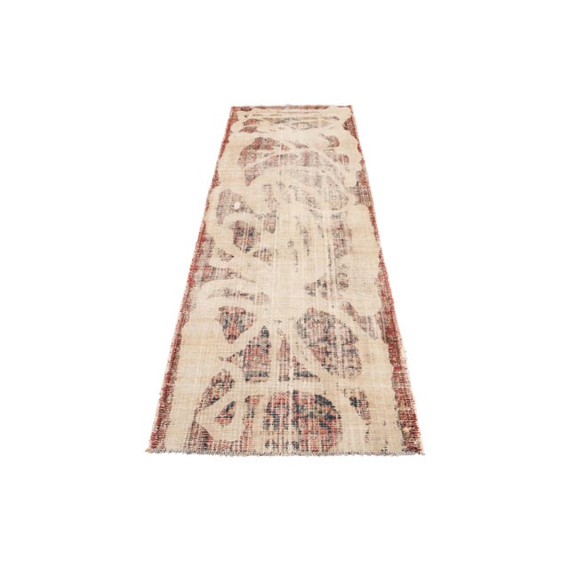Abstract Early 20th Century Vintage Distressed Ivory Handmade Wool Runner For Sale - Image 3 of 8