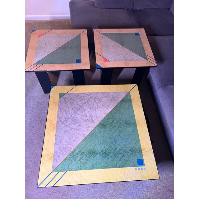 1980s Rare Vintage Alf Italia Postmodern Geometric Coffee & Side Table Set (3 Pieces) For Sale - Image 5 of 9