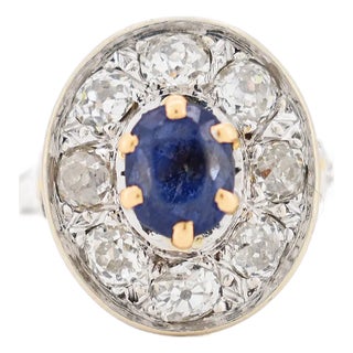 Vintage Gold, Sapphire and Diamond Halo Ring, Size 6 For Sale