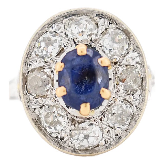 Vintage Gold, Sapphire and Diamond Halo Ring, Size 6 For Sale