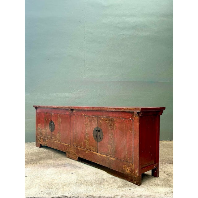 Wood Vintage Asian Medallion Reclaimed Wood Long Credenza For Sale - Image 7 of 12