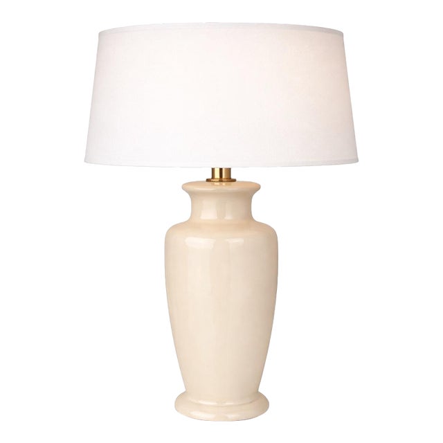 Vintage Cream Glazed Ceramic Urn Table Lamp – Sculptural Neutral Form With Socket-Fit Drum Shade, Coastal Transitional Style, 28” H For Sale