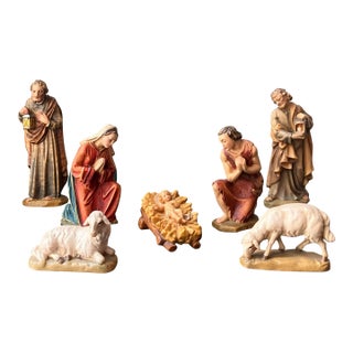 Vintage Staffler Italian Hand-Painted Wooden Nativity Set, 7-Piece Christmas Figurines For Sale