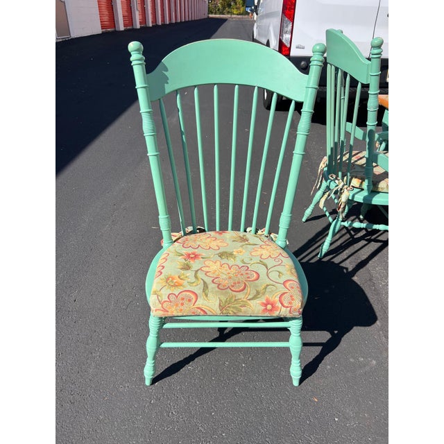 Farmhouse Two-Tone Dining Table With 6 Mint Green Windsor Chairs For Sale In Philadelphia - Image 6 of 12