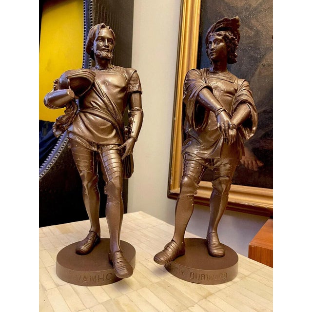 Pair Antique Patinated Metal Sculptural Statues of English Literary Figures, Ivanhoe & Durward For Sale - Image 9 of 10