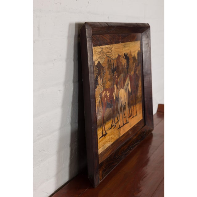 Vintage Inlaid Wood Framed Painting Depicting Four Horses in a Landscape For Sale - Image 12 of 12
