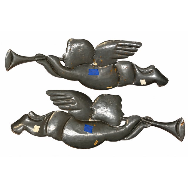 Metal Vintage Tin Cherub Angels With Trumpets – Christmas Holiday Wall Decor, a Pair For Sale - Image 7 of 8