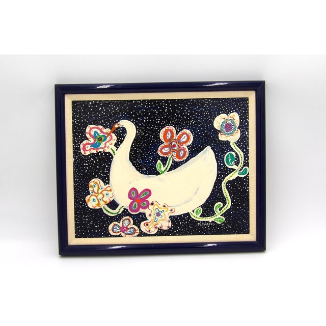 Plastic Framed Acrylic Painting Abstract Goose/Swan With Flowers Signed For Sale - Image 7 of 10