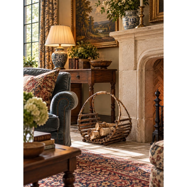 A vintage handmade twig basket featuring a tall arched handle, open slatted base, and natural branch construction. The...