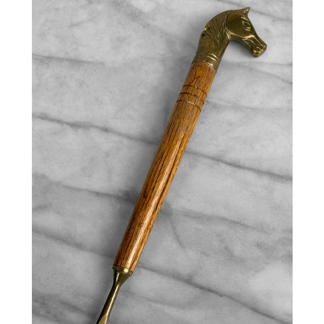 Vintage Traditional Equestrian Brass & Oak Horse Head Shoe Horn - 17" For Sale - Image 4 of 10