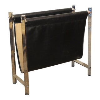 Mid-Century Modern Chrome and Black Leather Magazine Rack, 1960s For Sale