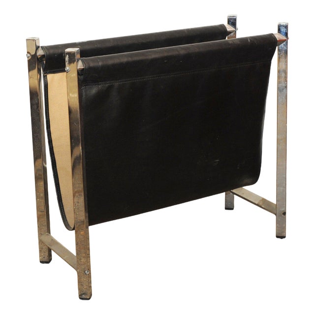 Mid-Century Modern Chrome and Black Leather Magazine Rack, 1960s For Sale