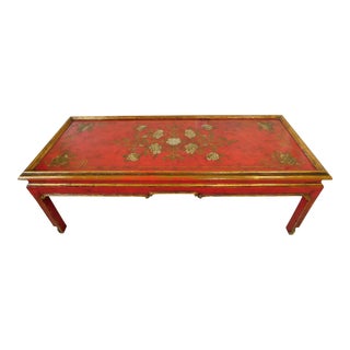 Vintage Mid Century Chinoiserie Red & Gold Hand Painted Lacquered Wood Coffee Table For Sale