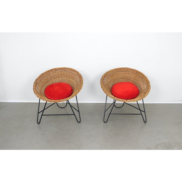Round Wicker Armchair with Black Loop Frame and Red Cushion, Germany, 1950s For Sale - Image 4 of 18