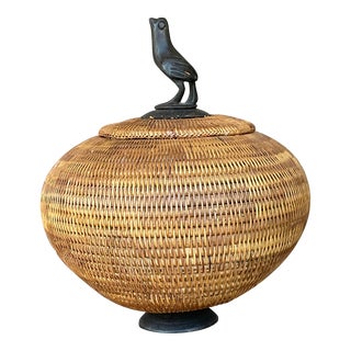 Vintage Boho Woven Rattan Lidded Basket For Sale