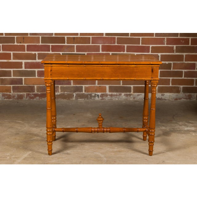 Mid 20th Century English Pine Faux Bamboo Desk with Two Drawers and H-Form Cross Stretcher For Sale - Image 10 of 12