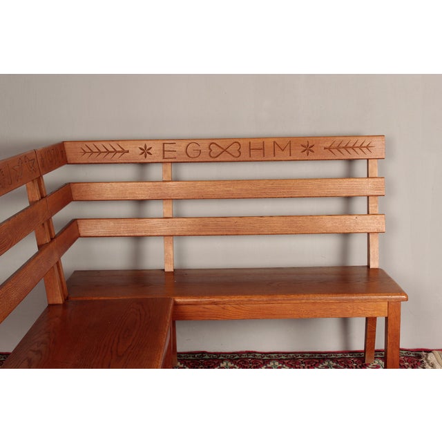 1930s Alpine Corner Bench in Oak with Christian Symbolism, 1930s, Set of 2 For Sale - Image 5 of 18