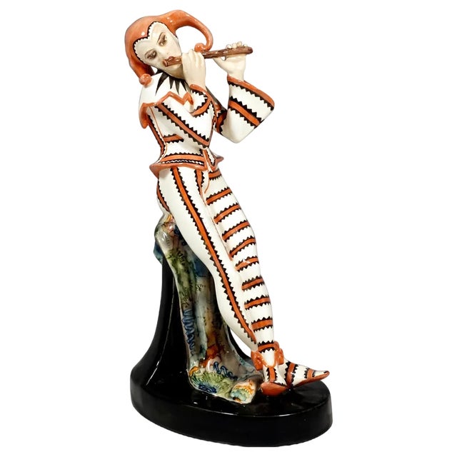 Art Deco Harlequin Figurine with Flute by Josef Kostial for Goldscheider, Vienna, Austria, 1920s For Sale