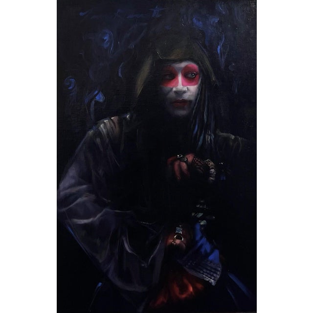 Magique Noir by Tina Garrett | Oil on board Portrait of a figure with dramatic makeup and dark attire. For Sale