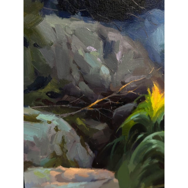 Early 21st Century Transmission by Judd Mercer | Oil on panel Person standing by a stream near rocky cliffs. For Sale - Image 5 of 5