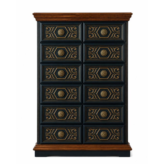 A striking vintage tallboy dresser, circa 1970s, attributed to Drexel and newly reimagined in a rich designer finish that...