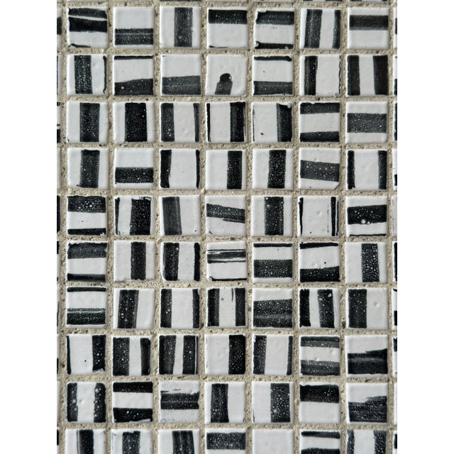 Wood Vintage Black + White Glazed Ceramic Tile Artwork in Teak Frame, Circa 1950s For Sale - Image 7 of 14