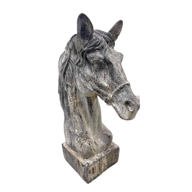 Gray Antique Vintage Cast Iron Horse Head Bust Sculpture – Heavy Equestrian Garden & Entryway Statue For Sale - Image 8 of 12