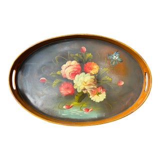 Vintage Oval Wood Floral Tole Painted Tray For Sale