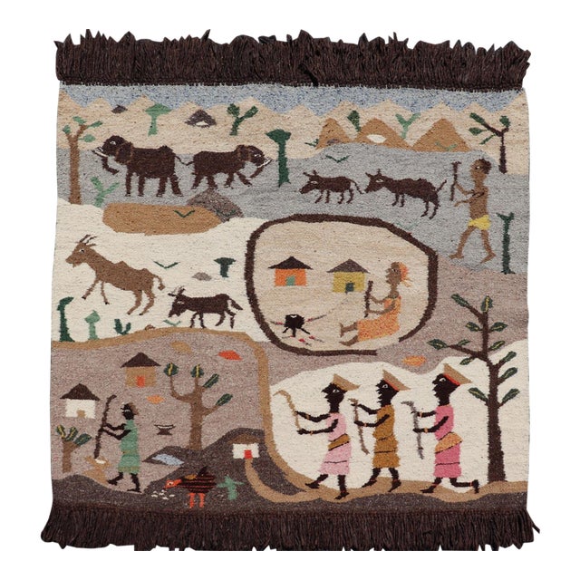 Vintage African Tapestry With Tribal Village, Wildlife and Hunting Scene For Sale