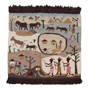 Vintage African Tapestry With Tribal Village, Wildlife and Hunting Scene