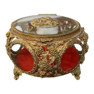 Large Ormolu Grape Vine Filigree Beveled Glass Jewelry Trinket Casket Box For Sale