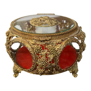 Large Ormolu Grape Vine Filigree Beveled Glass Jewelry Trinket Casket Box