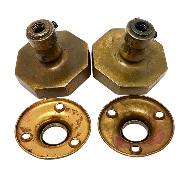 Brass Antique American Art Deco Octagonal Brass Door Knobs W/ Rosettes. A Pair For Sale - Image 8 of 12