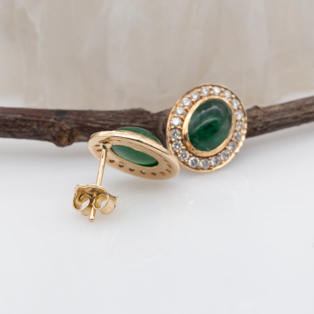 Emerald Stud Earrings W Earth Mined Diamonds in Solid 14k Yellow Gold Oval - 2 Pieces For Sale In Columbus - Image 6 of 8
