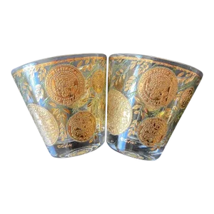 Mid 20th Century Culver Bar Cocktail Drinks Rocks Glasses With Gold American Coin and Botanical Design- A Pair