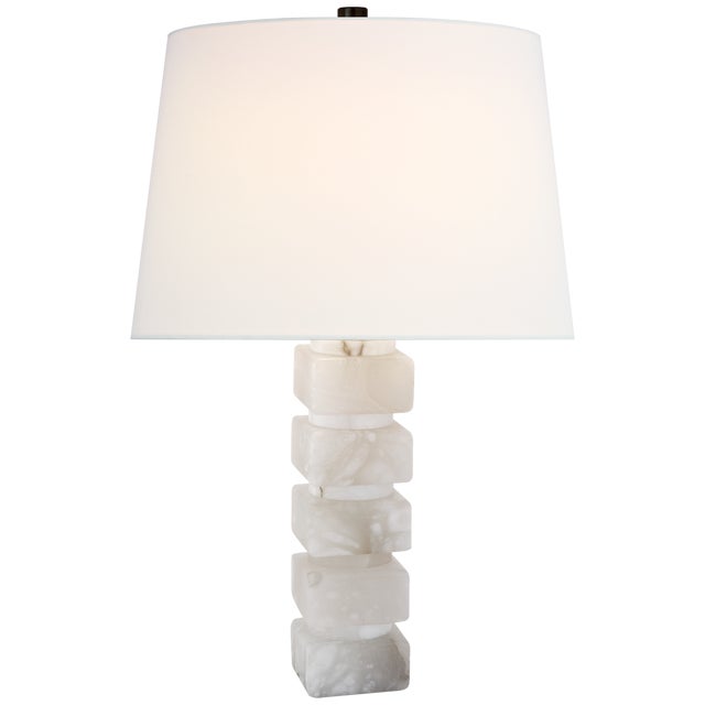 Transitional Chapman & Myers by Visual Comfort Signature Square Chunky Stacked Table Lamp in Alabaster with Linen Shade For Sale - Image 3 of 3