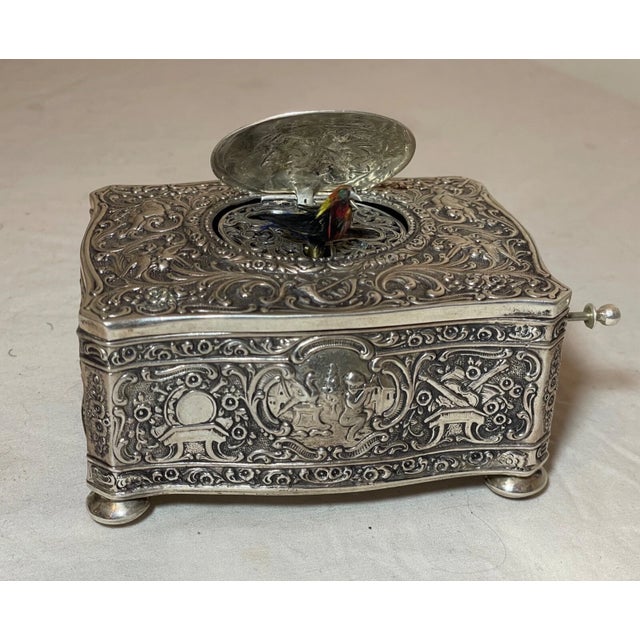 Rare Antique Ornate Sterling Silver German Singing Bird Mechanical Music Box For Sale - Image 16 of 18