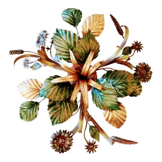 Vintage Toile Sheaf of Wheat and Leaf Floral 3 Light Handpainted Semi Flush Mount Chandelier For Sale
