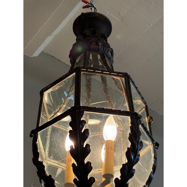 Antique Lantern-Shaped Ceiling Fixture With Three Arm Light Source Within For Sale - Image 4 of 11