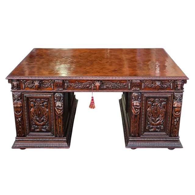 Wood Antique Circa 1880 French Renaissance Revival Partner's Desk, Fully Carved on All Sides With Parquetry Top For Sale - Image 7 of 18