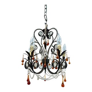 Vintage French Rococo Revival 6-Arm Wrought Iron Chandelier With Amber Glass Drops. For Sale
